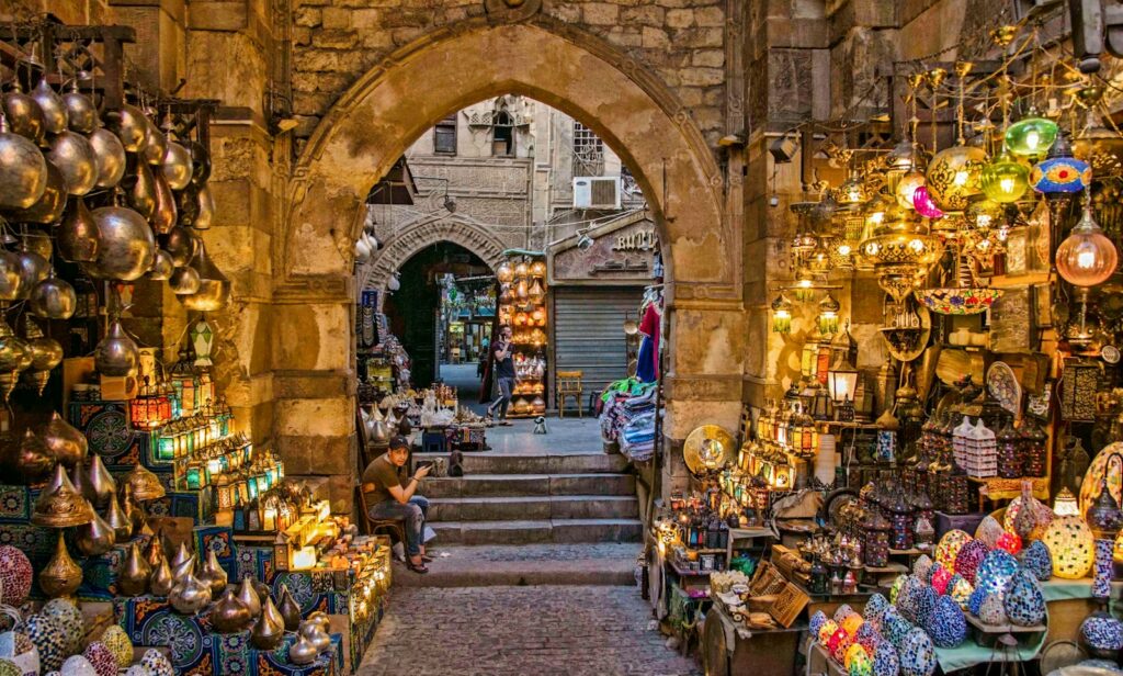 Lanterns and colourful stalls at Khan el-Khalili market
