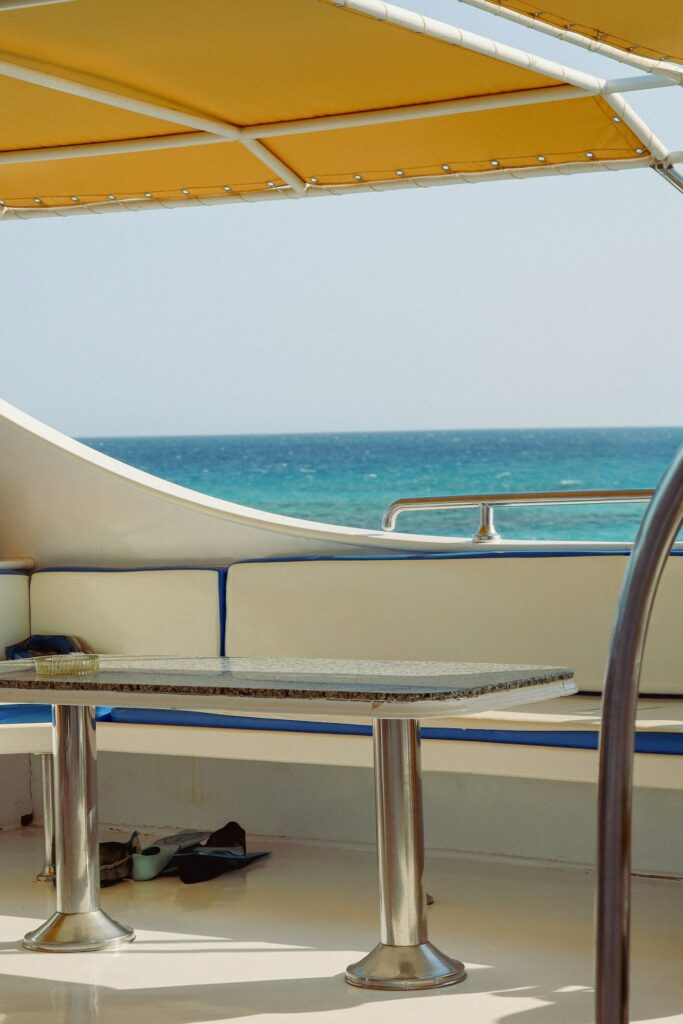 Tour boat deck overlooking the Red Sea in Hurghada; illustrative boat photograph